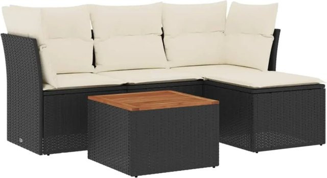 vidaXL 5-tlg Garten-Sofagarnitur Modell 45 aus Poly Rattan und Akazienholz in Schwarz mit cremeweißen Kissen - Bild 1