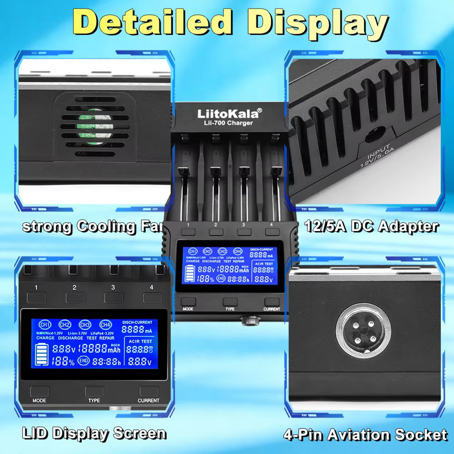 LiitoKala Lii-700 Batterieladegerät für 3,7V/1,2V Akkus (18650/26650/16340/18500) mit Display in Schwarz - Bild 5
