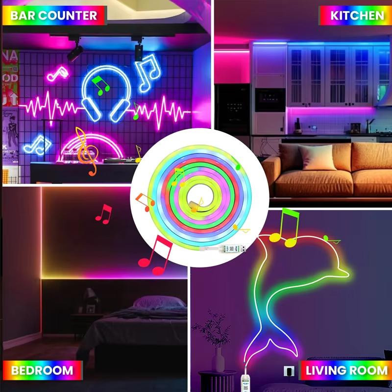Saimili RGBIC Neon LED Streifenlicht, 1m bunt, USB 5V wasserdichtes Neon Flex Seil mit App Bluetooth WLAN Musiksynchronisation und Fernbedienung für Gaming-Raum und Party Dekoration - Bild 4