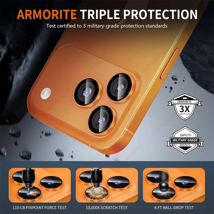 Metall-Kameraring-Schutzkappe für Apple iPhone 17 Pro Max 16 15 Pro Max 14 Plus mit AR+AF HD Rücklinsenglas und Montagehalterung in Transparent oder Orange - Bild 3