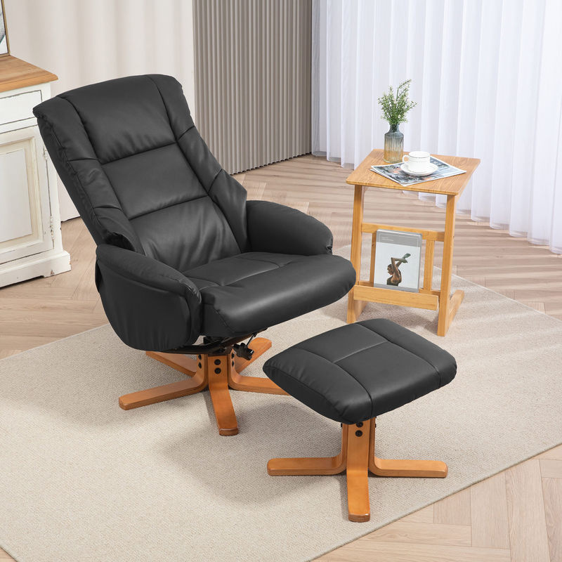 HOMCOM Relaxsessel mit Hocker in Schwarz, 360 Grad drehbar und 130 Grad neigbar mit Liegefunktion, Kunstleder und Holzrahmen, B/T/H: 76 x 85 x 104 cm - Bild 2