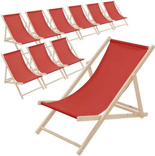 10er Set ECD Germany Liegestühle aus Holz in Rot mit verstellbarer Rückenlehne und Polyester Oxford-Gewebe - Bild 1