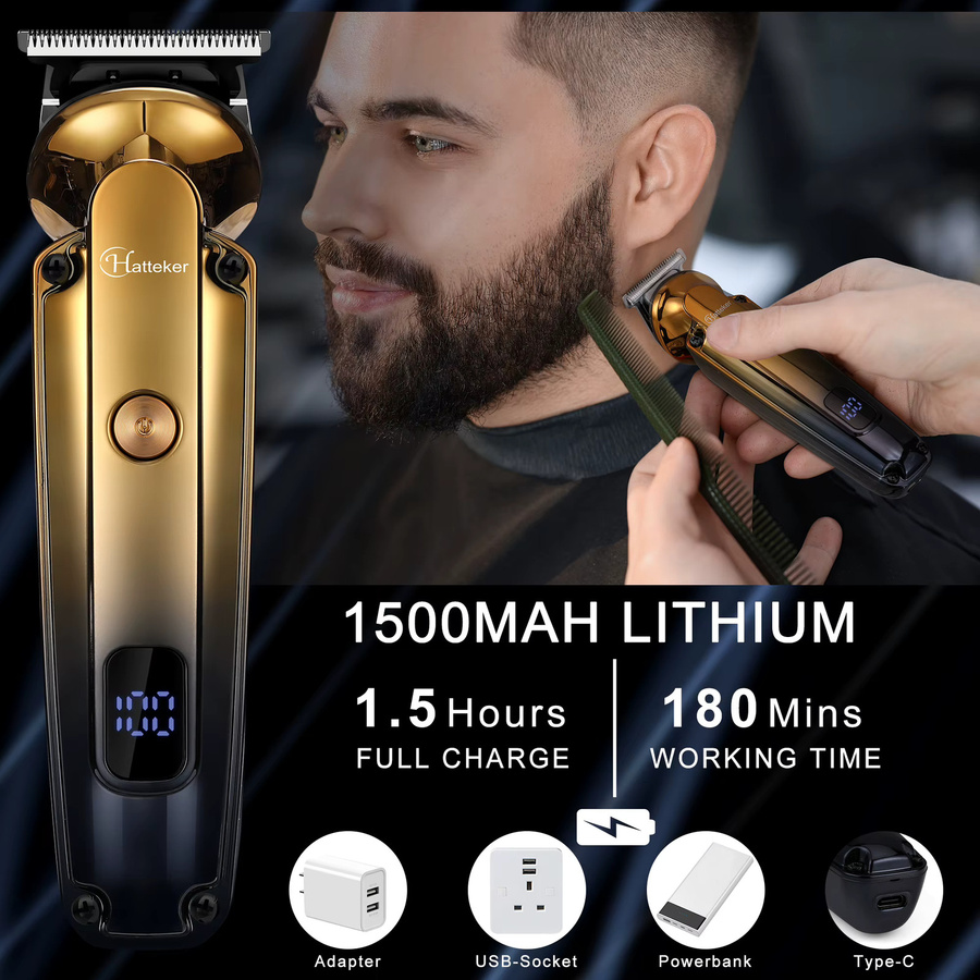 Hatteker 6-in-1 Professioneller Haarschneider mit Keramikklinge, LED-Anzeige und USB-Aufladung in Gold - Bild 4