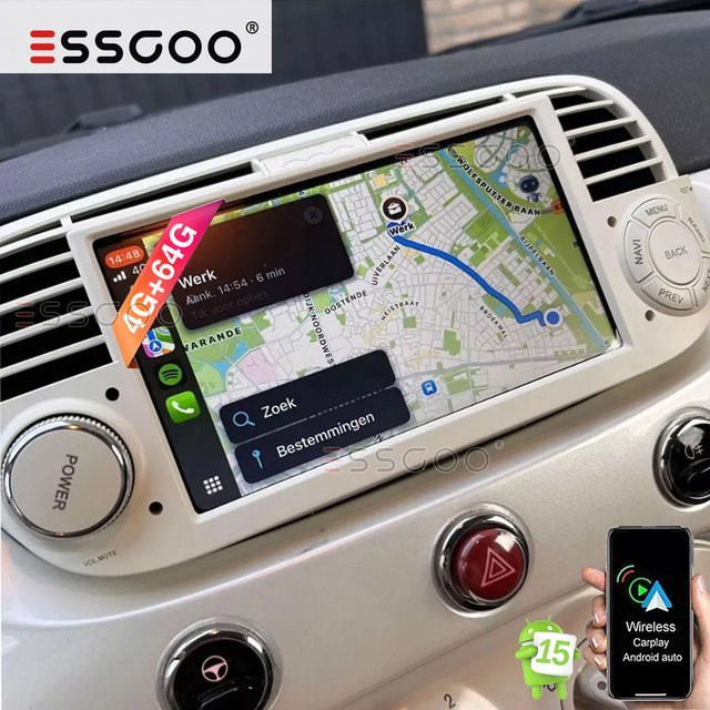 ESSGOO 7 Zoll Wireless Carplay Android 15 Autoradio für Fiat Abarth 500 2007-2015 mit GPS, Wifi und Bluetooth - Bild 1