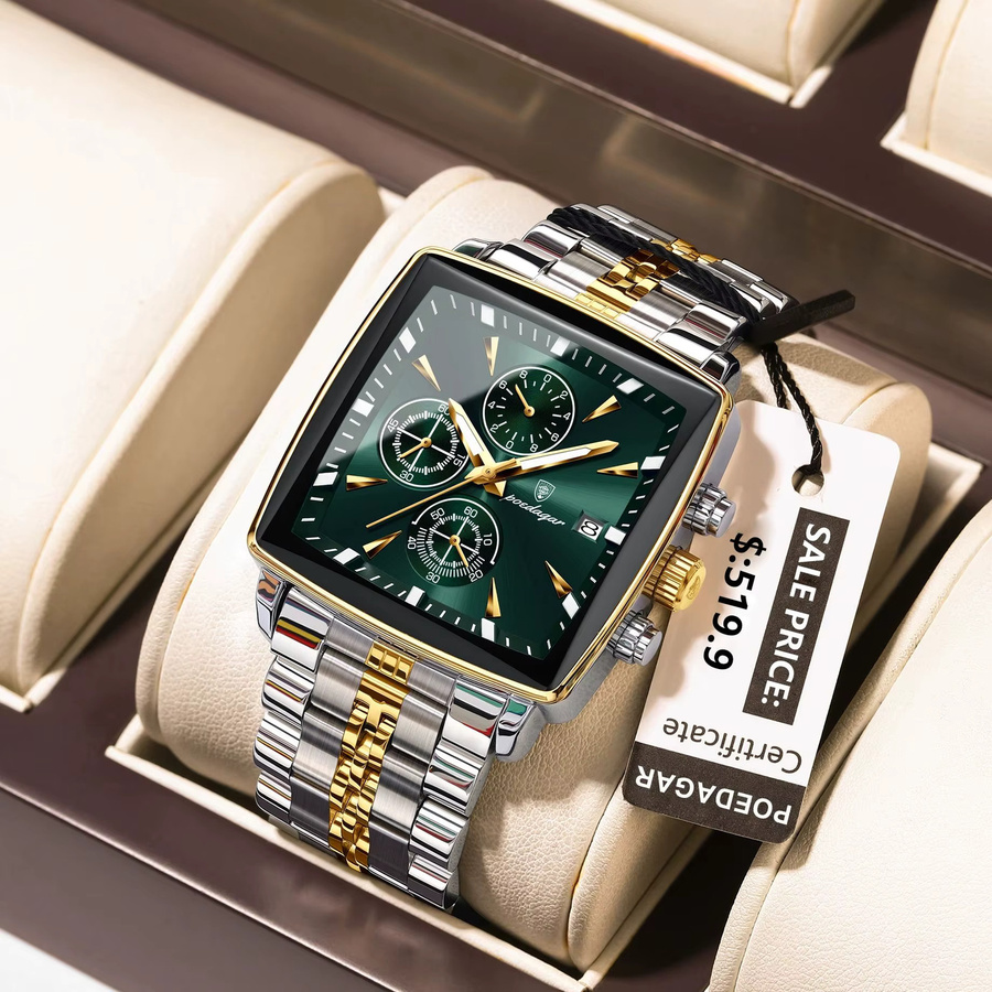 POEDAGAR Armbanduhr Chronograph, Quarz, Edelstahl, Silber, Grün, Herren - Bild 2