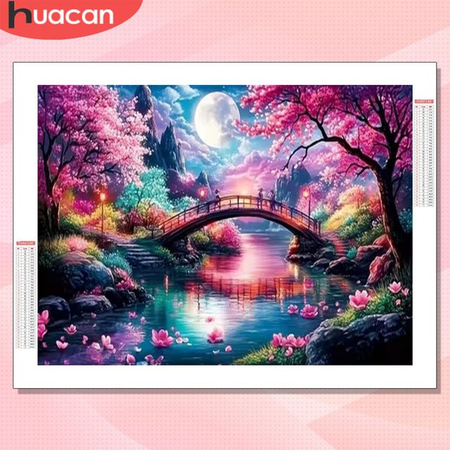 Huacan Diamant-Mosaik-Set Naturlandschaft mit Kirschblüte und Brücke, Mehrfarbig, B/H: 30 x 20 cm - Bild 1