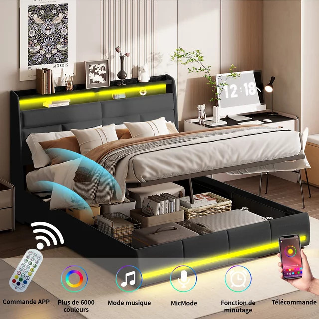 Rosahqnda Doppelbettgestell mit LED-Beleuchtung und USB-Anschluss, Polsterbett mit hydraulischem Stauraum in Weiß, B/T: 160 x 200 cm - Bild 1