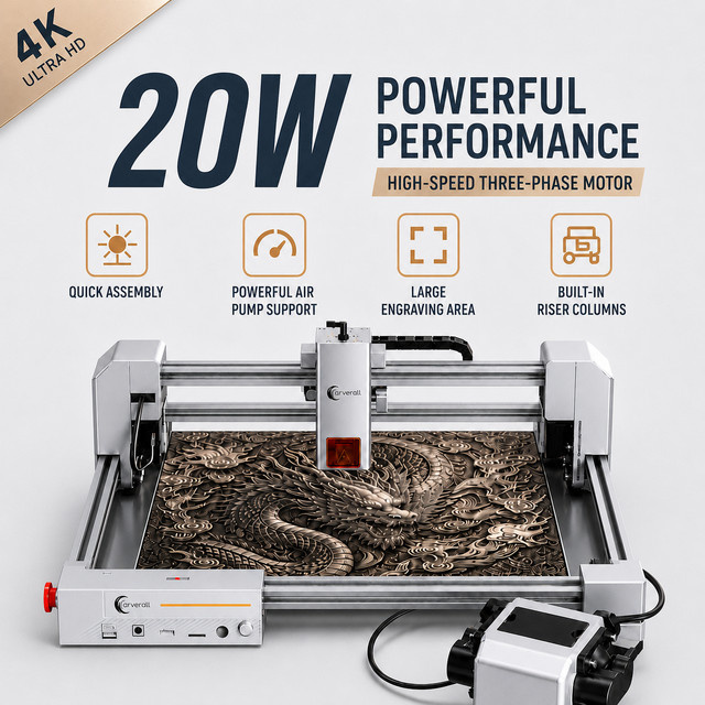 Carverall JL9 20W Lasergravierer und -schneider in Silber mit Doppelmotor-Antrieb, Luftunterstützung und 0,01mm Präzision, Desktop-Lasergraviermaschine mit 3 Fokusmodi und WiFi/App/LightBurn/CutLabX Steuerung, Arbeitsbereich: 30 x 30 cm - Bild 1