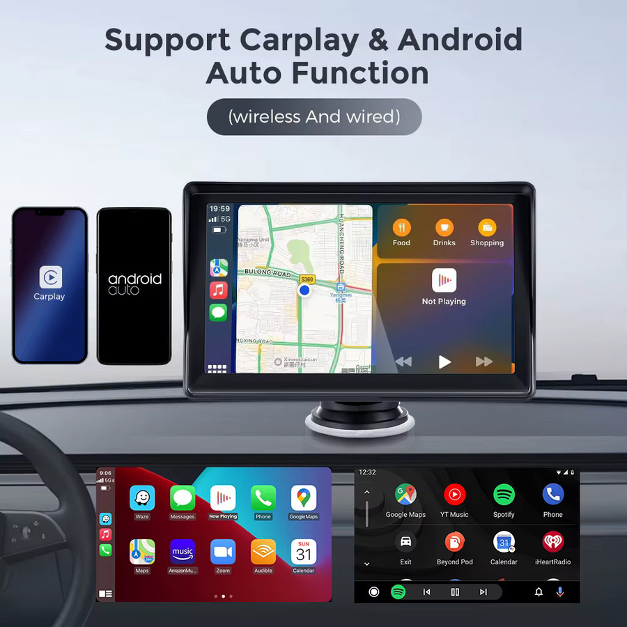 Gearelec Tragbarer Multimedia-Videoplayer mit 7 Zoll Touchscreen, CarPlay und Android Auto, Schwarz, USB-C Anschluss für Rückfahrkamera - Bild 2