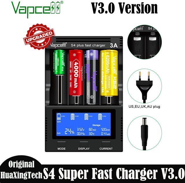 Vapcell S4 Plus V3.0 Intelligentes 4-Slot Schnellladegerät 3A mit Speichermodus in Schwarz - Bild 1