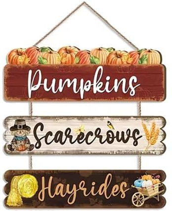 Rustikales Aether Herbst-Türschild-Set aus Holz mit Kürbis, Vogelscheuche, Sonnenblumen und Ahornblättern in Braun und Mehrfarbig - Bild 1