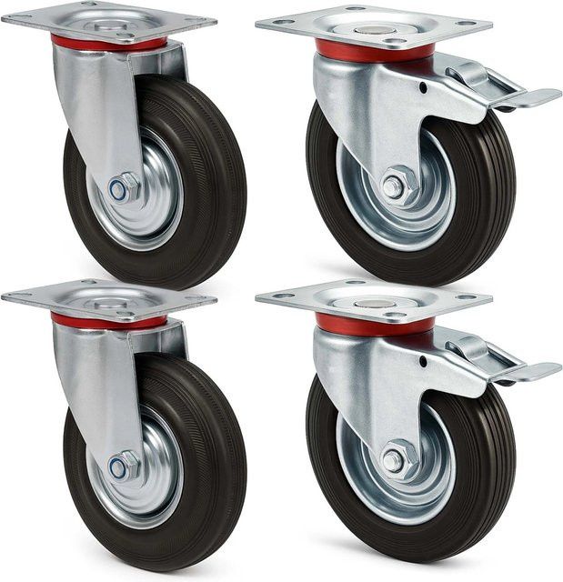Wiltec Transportrollen Set in Schwarz mit 2x Doppelstopp-Lenkrollen und 2x Lenkrollen, Durchmesser: 100 mm, Tragkraft: 70 kg pro Rolle - Bild 1