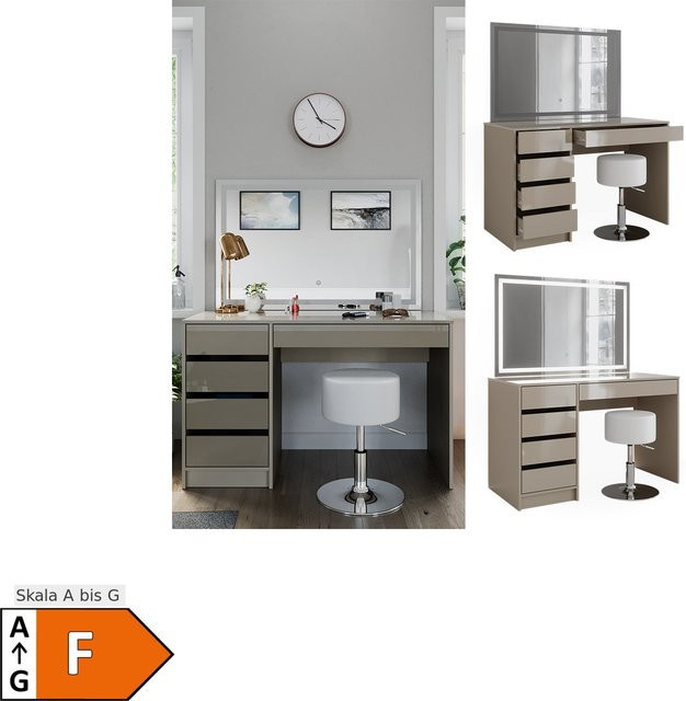 Vicco Schminktisch Sherry Greige Hochglanz mit LED-Spiegel und Hocker B/T/H: 120 x 55 x 75 cm - Bild 1