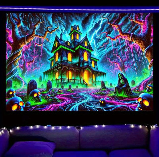 VIKAMA Halloween Wandteppich Dark Night Castle mit Friedhof und Gothic Architektur, Mehrfarbig, Breite: 60 cm, Höhe: 40 cm - Bild 1
