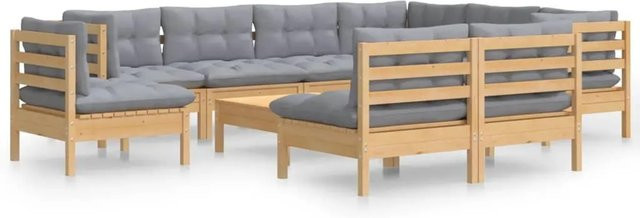 vidaXL 10-teiliges Garten-Lounge-Set aus massivem Kiefernholz in Braun-Grau mit grauen Polstern und Kissen in U-Form - Bild 1
