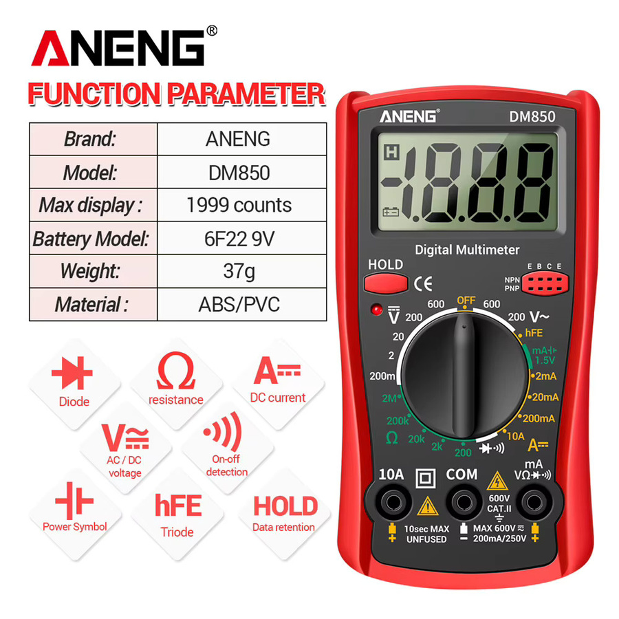 ANENG Digitales Multimeter mit Batterietester-Set, roter AC/DC Spannungsprüfer und Amperemeter zur Messung von Spannung und Strom - Bild 2
