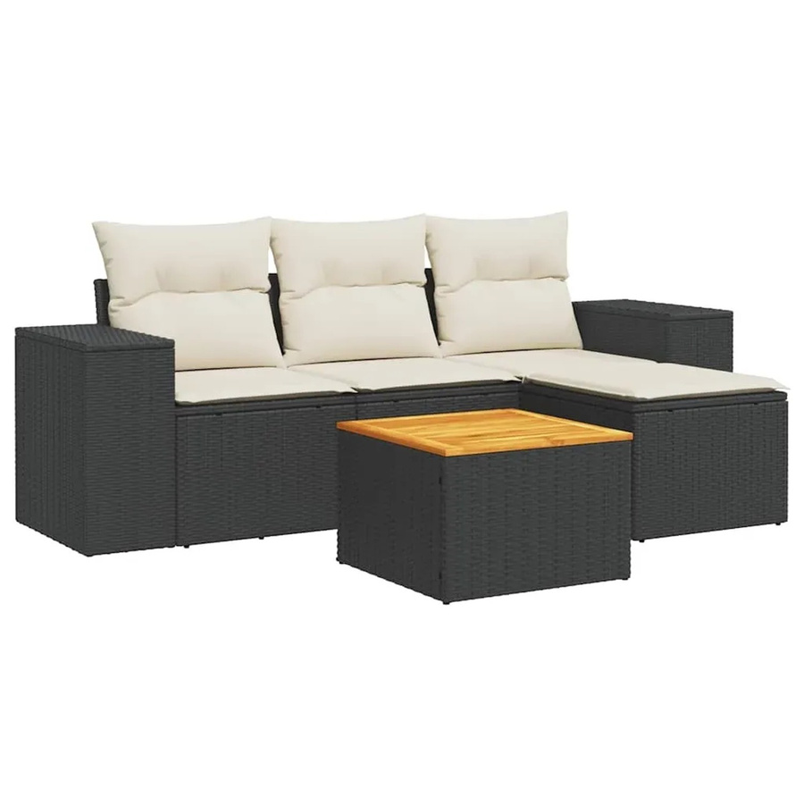 vidaXL 5-teilige Garten-Sofagarnitur aus Poly-Rattan und Akazienholz in Schwarz mit Kissen - Bild 2