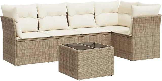 vidaXL 6-teilige Garten-Sofagarnitur aus Poly-Rattan mit Kissen in Beige-creme - Bild 1