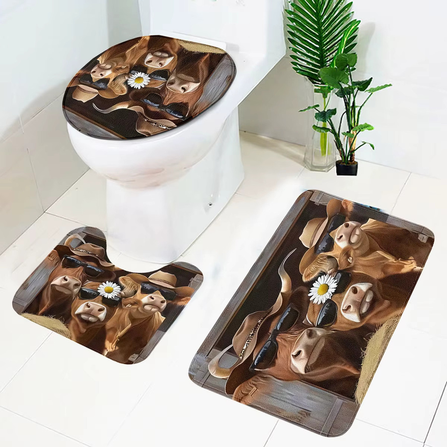 Badezimmer-Set im Western-Cowboy-Stil mit Kuhmotiv und Bauernhoftier-Muster, braun, rutschfest, bestehend aus Toilettenmatte, U-förmiger Bodenmatte und Badezimmerfußmatte - Bild 3