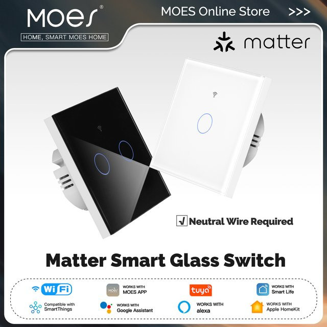 MOES Matter Tuya WiFi Smart Lichtschalter aus Glas mit Touch Control, kompatibel mit Alexa, Google Home und Apple HomeKit, Neutralleiter erforderlich - Bild 1