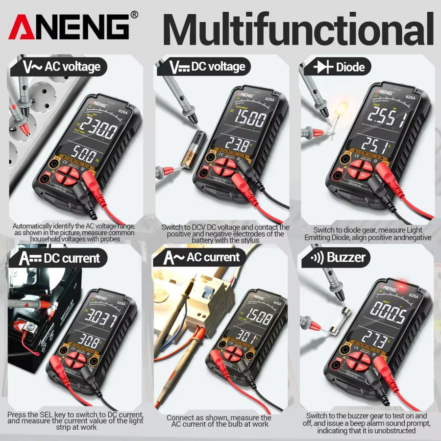 ANENG 625A Digitales Multimeter Schwarz: Wiederaufladbarer Smart Tester für DC Spannung, AC Strom, Amperemeter, NCV Voltmeter und Kondensatortest - Bild 4