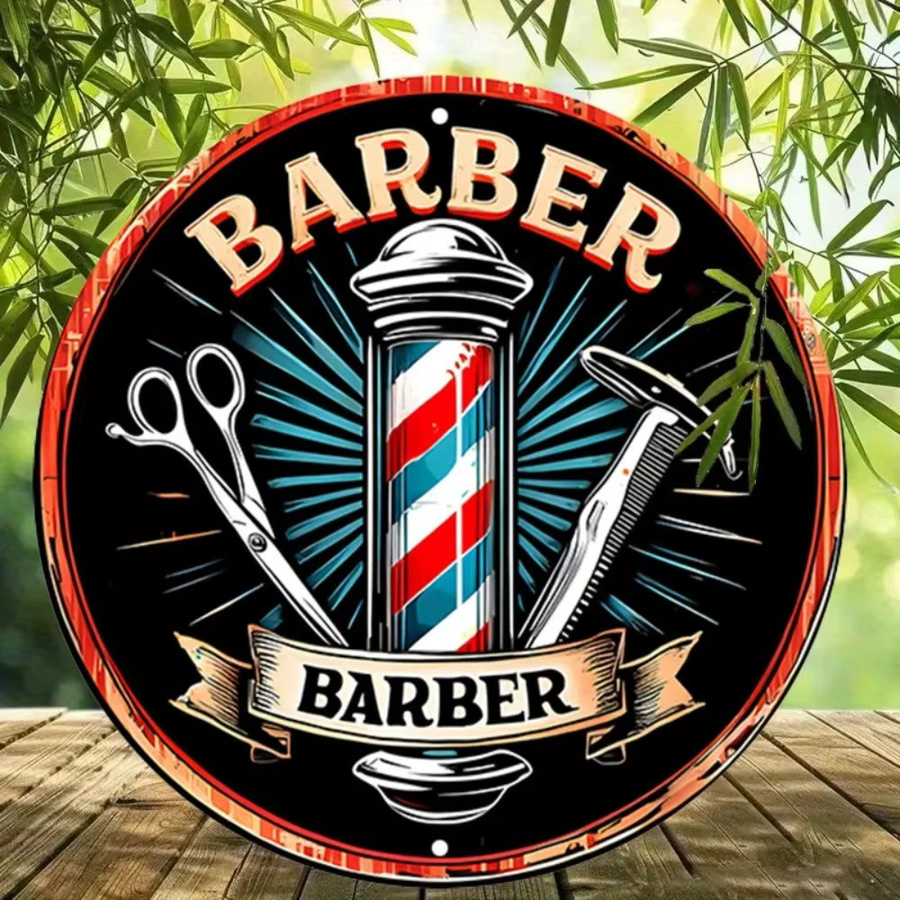CIFBUY Vintage 2D Flaches Friseurschild aus Aluminium-Metall als runde Wanddekoration in Multicolour mit Schere, Rasiermesser und Rasierer-Illustration - Bild 3