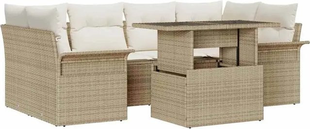 7-tlg. vidaXL Garten-Sofa-Set aus Poly-Rattan in Beige mit Kissen und Tisch - Bild 1
