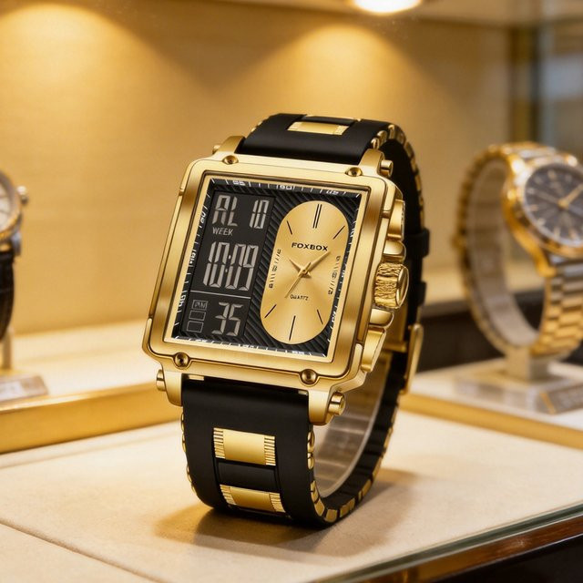 FOXBOX Digitaluhr, Quarz, Silikon, Schwarz, Gold, Herren - Bild 1