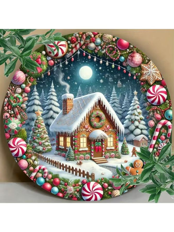 HELLOYOUNG Weihnachtsdekoration Lebkuchenhaus Wandschild aus Metall, runde Weihnachtsdekoration aus Eisen in Multicolor - Bild 4