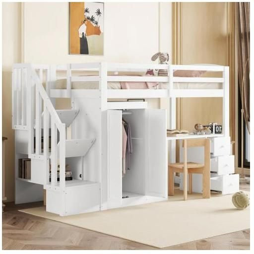 Hochbett MUVOE in Weiß mit Schubladen und Treppe für Kinderzimmer, B/T: 90 x 200 cm - Bild 1