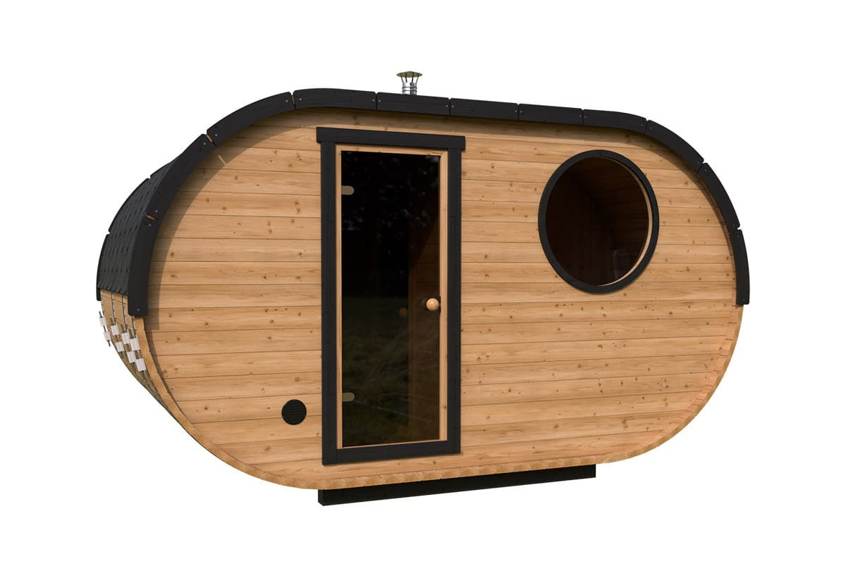 Ovale Fasssauna von Hansagarten24 in Braun mit Vorraum aus Holz - Bild 2