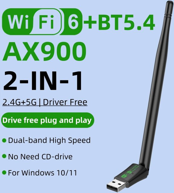 AX900 2in1 USB WiFi6 und Bluetooth 5.4 Adapter von kebidumei, Dual Band 2,4 GHz & 5 GHz Netzwerk Empfänger in Schwarz für PC Windows 10 11 - Bild 1