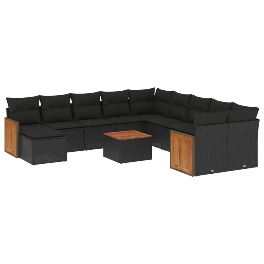 vidaXL 12-tlg. Garten-Sofagarnitur in U-Form aus Polyrattan und Akazienholz mit Kissen, Schwarz - Bild 2