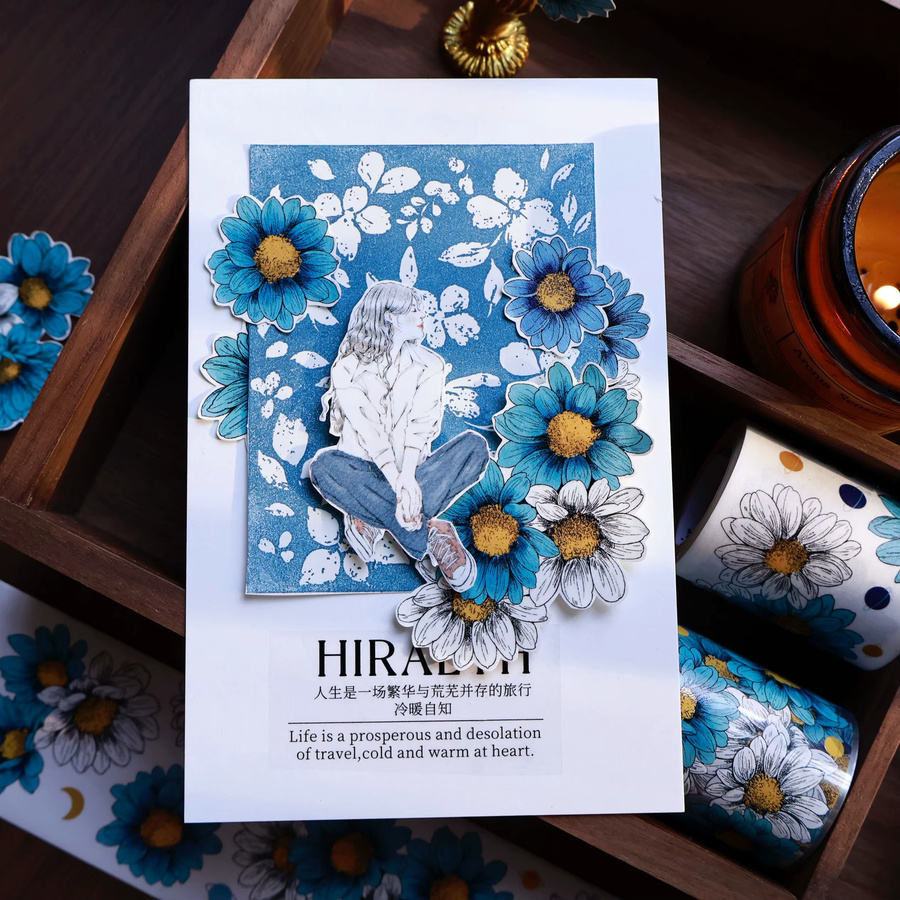 VanGogh Garden Washi Tape mit blauem Chrysanthemen-Blumenmuster und PET-Aufklebern - Bild 4