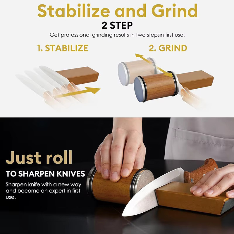 Magnetischer Messerhalter aus Holz mit Rollendem Messerschärfer und verstellbarem Schleifstein Winkel 15/20 Grad - Bild 4
