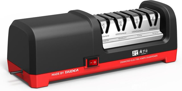 Taidea TG2102 Elektrischer Messerschärfer mit 4 Stufen und 20-Grad-Schleifkante zum Schärfen und Polieren, Silber/Schwarz - Bild 1