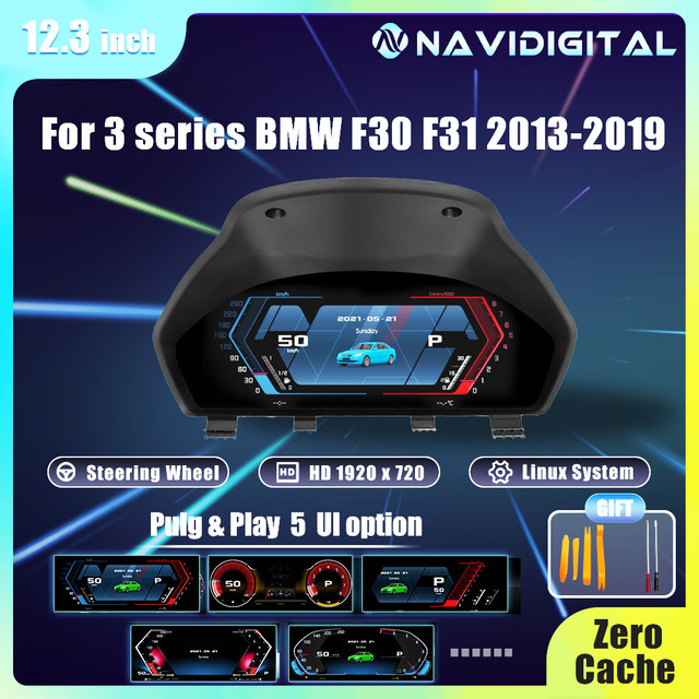 Navidigital 12,3 Zoll Digitales Dashboard für BMW 3er F30 F31 F34 und 4er F32 F33 (Baujahre 2013-2019), Virtuelles Cockpit mit Carplay und HDMI, Farbe: Schwarz - Bild 1