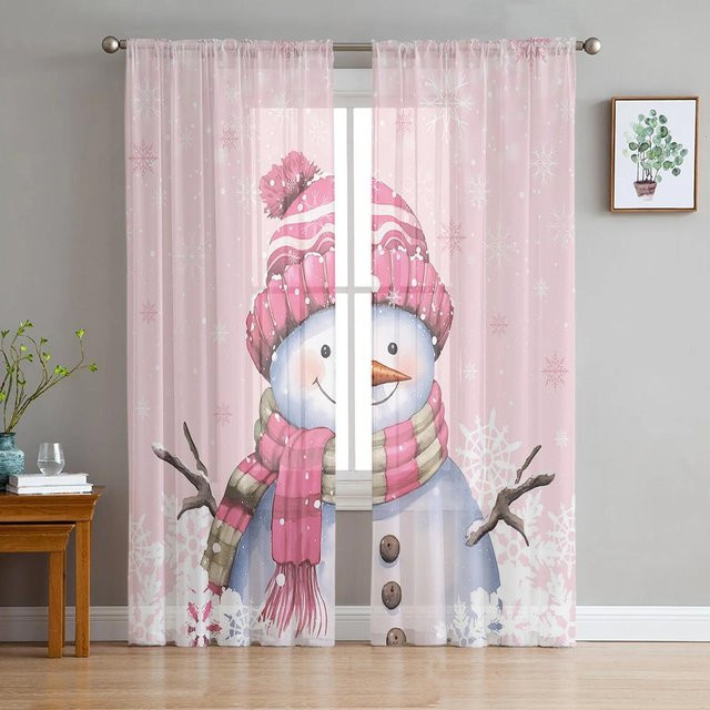 Transparente Tüll-Vorhänge mit Weihnachtsdesign aus Schneeflocken und Schneemännern in Rosa und Weiß, Breite: 135 cm, Höhe: 115 cm - Bild 1