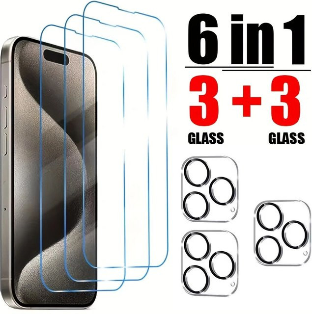 6 in 1 Displayschutzset aus gehärtetem Glas für iPhone 11 bis iPhone 17 inklusive Kamerafolie, transparent - Bild 1