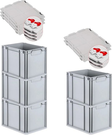 PROREGAL Spar Set 5x Eurobox Nextgen Economy mit Scharnierdeckel und roten Schiebeschnappverschlüssen, Grau/Rot, H x B x T: 32 x 30 x 40 cm