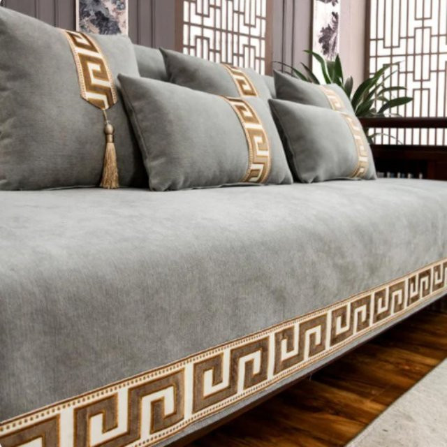 Rutschfester Chenille Sofabezug von XIFEI im orientalischen Stil, grau, B/T: 70 x 210 cm - Bild 1