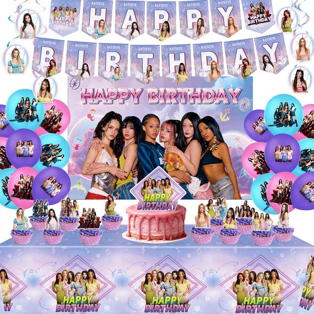 Potdemiel KATSEYE Girlgroup Geburtstagsparty-Dekorationen Set in Mehrfarbig mit Foto-Hintergründen, Spiralanhängern, Tellern, Bechern und Servietten aus Papier - Bild 1
