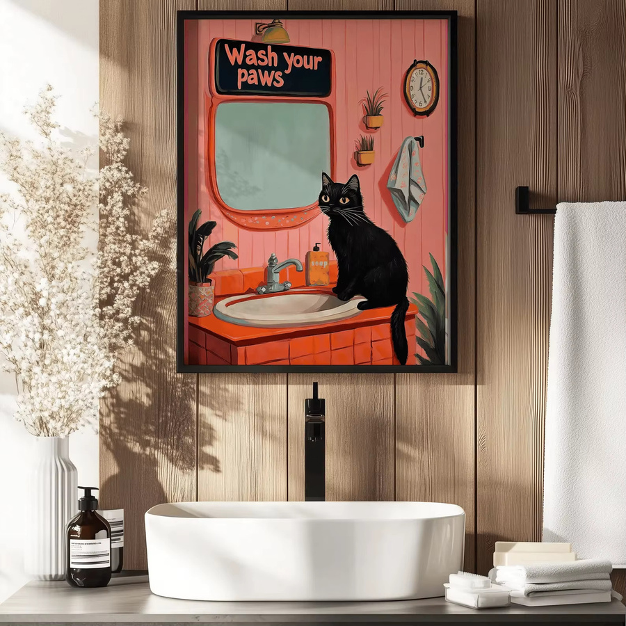 Retro Katzenposter Wash Your Paws von SHENCHEN in Pink für deine Badezimmer Wandkunst - Bild 4