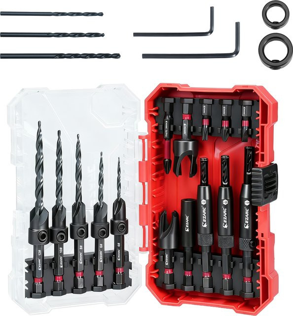 EZARC Senkbohrer-Set für Holz, 22-teilig, Schwarz, mit selbstzentrierenden Bohrern und 1/4 Zoll Sechskantschaft inklusive Aufbewahrungsbox - Bild 1