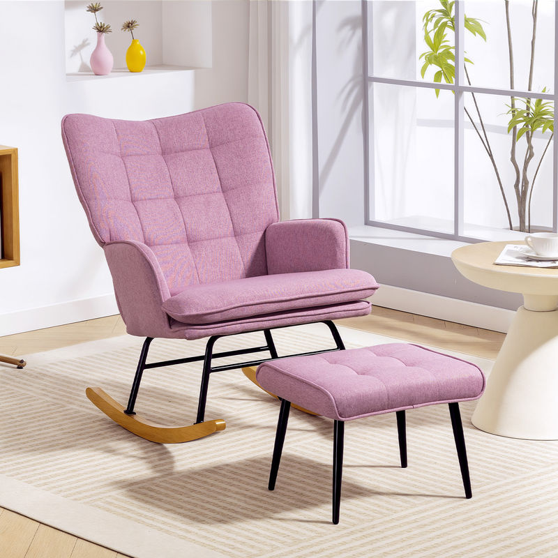 HOMCOM Schaukelsessel mit Fußhocker in Rosa, moderner Relax-Sessel mit gepolstertem Kissen, hohem Rücken und Armlehnen aus Stoff mit Holzfüßen - Bild 2
