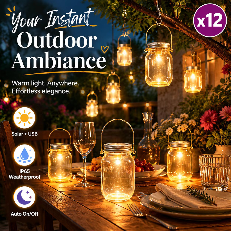 12er-Pack Solar-Einmachglas-Lichter aus Glas in Transparent mit warmweißem LED-Licht für Garten und Terrasse - Bild 2