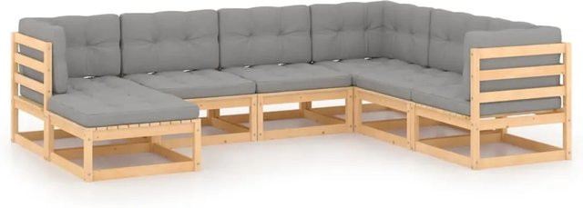 vidaXL 7-tlg Garten-Lounge-Set aus massivem Kiefernholz in L-Form mit grauen Kissen - Bild 1