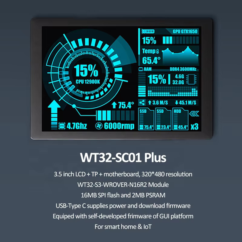 WT32-SC01 Plus ESP32 Smart LCD Entwicklungsboard mit 3,5 Zoll Touchscreen, WiFi und Bluetooth, Schwarz - Bild 1