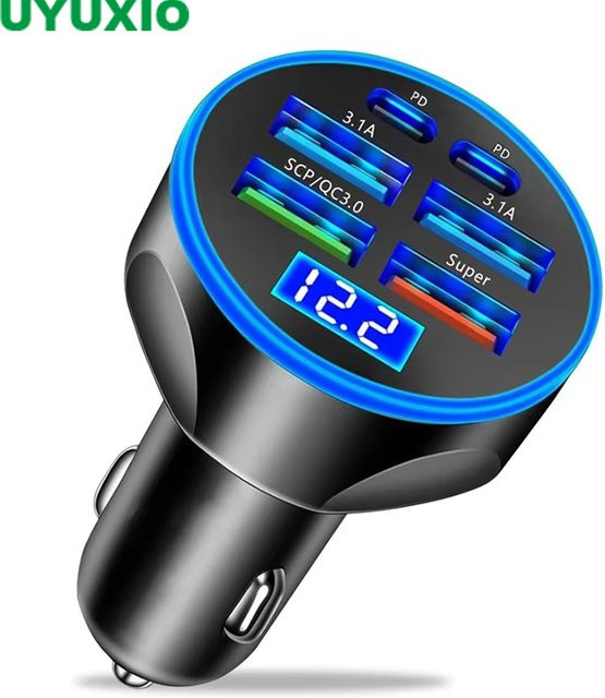 UYUXIO 6 in 1 USB-C Auto Ladegerät Adapter mit Spannungsmonitor und Schnellladefunktion in Schwarz - Bild 1