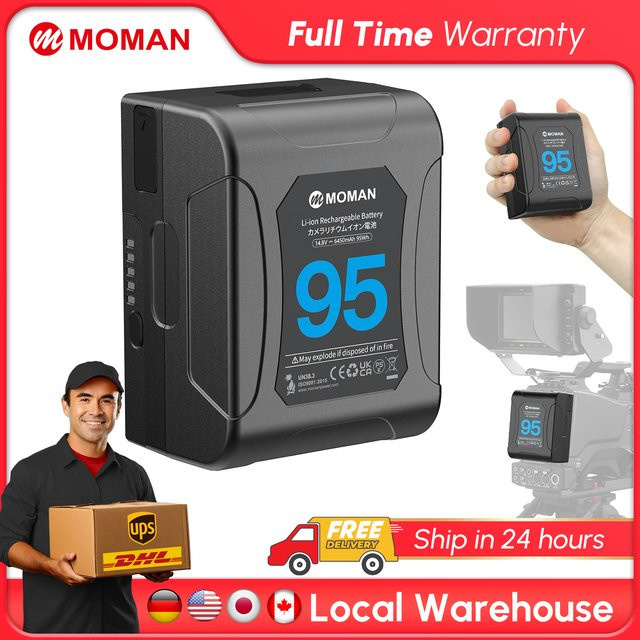 Moman Power 95 V-Lock Akku mit 95 Wh und 6450 mAh, 14,8 V, Schwarz, mit 2 x D-Tap und USB-A Ausgang für Sony und Canon Kameras - Bild 1